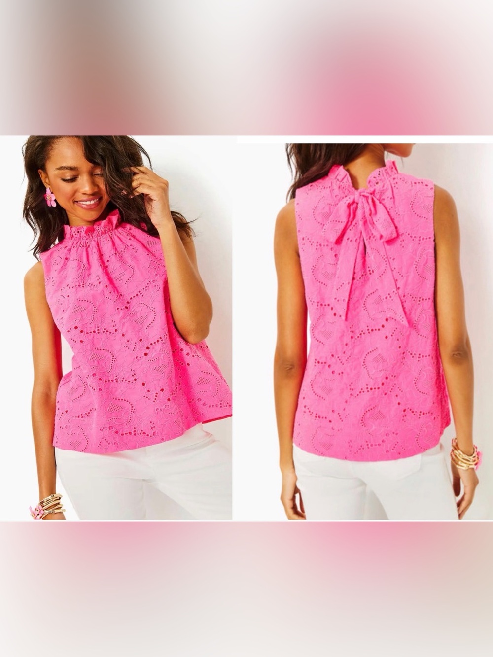 LILLY PULITZER Top, Blouse, XS, Dahliana Eyelet, Bright Pink, Summer